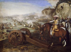 كابتن على ظهور الخيل يأمر بإطلاق مدفع أثناء المعركة ، لوحة لأنييلو فالكون (1607-1656) ، زيت على قماش ، 94 × 131 سم
