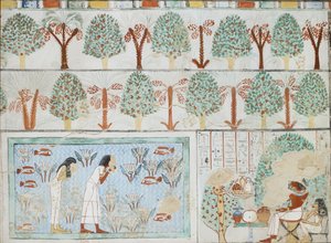 نسخة من الرسم على الحائط من المقبرة الخاصة رقم ٦٣ لسبختبى ، طيبة الأولى ، ١ ، ١٢٥-١٢٨ ، القرن العشرين بواسطة آنا