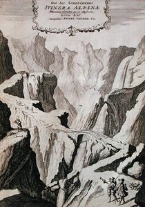 الصفحة الأولى من المجلد الأول من 'Itinera Alpina' بقلم يوهان جاكوب شوتشزيري ، نُشر عام 1706 (نقش) بواسطة آنا واسيرا (بعد) تيغورينا