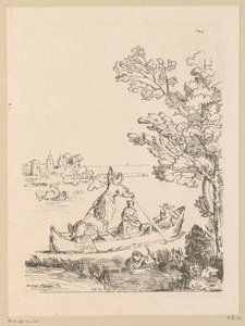 منظر طبيعي للنهر مع قارب تجدفه امرأة كابينت دو روي (عنوان السلسلة على القطعة) بواسطة آن كلود فيليب كايلوس