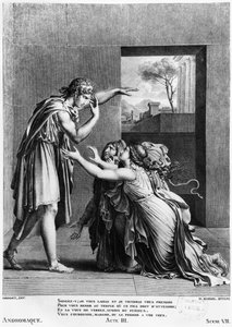 أندروماش عند أقدام بيرهوس ، توضيح من القانون الثالث المشهد 7 من "Andromaque" لجان راسين (1639-99) الذي نقشه هنري ماريه (BC1768) بواسطة آن لويس جيروديت دي رويسي تريوسون