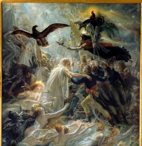 Apotheosis of the French heros who died for the homeland during the Liberte War, homage offered to Napoleon Bonaparte Allegorie representing the bard Ossian, Scottish poet of the 3rd century read by Napoleon, who welcomed Louis Charles Antoine Desaix de Ve بواسطة آن لويس جيروديت دي رويسي تريوسون