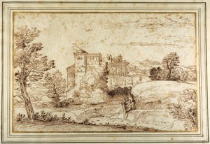 Landscape with a castle and the ruins of a classical portico (pen & brown ink on paper) بواسطة أنيبال (من أتباع) كاراتشي