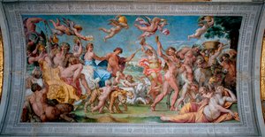 Bacchus (Dionysos، Bacco) على دبابته يعود من الهند ويلتقي مع Ariane التي تخلى عنها Thesee Fresco بواسطة Annibale Carracci (Annibal Carrache) (1560-1609). 1597-1600 روما ، قصر فارنيزي