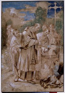 Saint Charles Borromee baptizing a child. The dead sheep and the sketches of layers of bodies next to which a man closes his nose so as not to breathe the smell suggests that the drawing depicts the arch of Milan Saint Charles Borromee (Carlo Borromeo بواسطة أنيبال كاراتشي