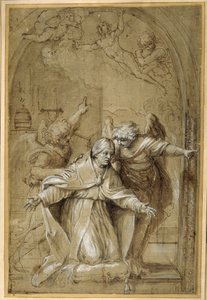 St Gregory attended by angels praying for souls in Purgatory (pen & brown ink with brown wash and heightening) بواسطة أنيبال كاراتشي