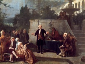 The Italian playwright Carlo Goldoni (1707-1793) declares a sonnet before the members of the Colonia Alfea (equivalent of the Academy of Arcadia in Pisa) in the Scotto Garden of Pisa Painting by Annibale Gatti (1828 - 1909) بواسطة أنيبال جاتي