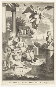 رمزية على دلفت وصف Delft (العنوان على الكائن) صفحة العنوان لـ: S.n.، Beschryving der stadt Delft، 1729 بواسطة مجهول