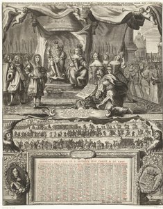 رمزية السلام مع إنجلترا عام 1674 وتقويم عام 1675 Vereenichde Nederlantsche danckbaerheyt ، آين كارولوس الثاني. كونينك فان هيسب. وما إلى ذلك حول صنع سلامهم مع كارولوس الثاني. Coninck van Great Britannien ، ende de reparation بواسطة جاسبار Huybrechts