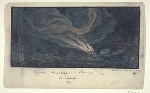 حريق في منظر طبيعي في وسط جاوة ، 1825 بين سامارانج وداماك / 13 سبتمبر 1825 (العنوان على الجسم) بواسطة مجهول