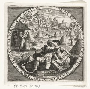 دي مااند جوني ، هويماكين ، كاليفورنيا. 1600 De twaalf maanden van het jaar verbeeld in scènes uit het volksleven (عنوان السلسلة) مخططات الاثني عشر شهرًا مع عملياتها ، والمطبقة على علامات البروج ، مقسمة إلى أربعة أجزاء من السنة (عنوان السلسلة على الكائن) بواسطة مارتن دي فوس