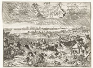 Dijkdoorbraak بالقرب من Coevorden ، 1673 حدد كيف وما هو شكل ، بموجب مرسوم صادر عن أسقف مونستر (...) (العنوان على الكائن) بواسطة رومين دي هوج (منسوب إلى)