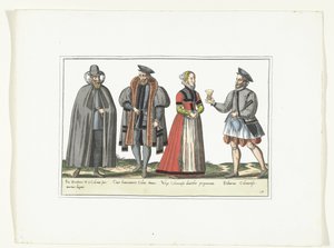 ثلاثة رجال وامرأة يرتدون الأزياء الألمانية حوالي 1580 أزياء Allemands (العنوان على الكائن) بواسطة مجهول