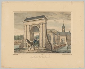 منظر ليدسبورت في أمستردام Leydsche Poort في أمستردام (العنوان على الكائن) مناظر للبوابات الست الرئيسية لمدينة أمستردام. 1st Cahier (عنوان المسلسل) بواسطة Desguerrois and Co.
