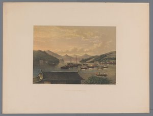 Gezicht op de baai van Nagasaki عرض في خليج Nangasaki (العنوان على الكائن) تذكار مناظر اليابان من الطبيعة مع نص بقلم كونت دي ليندن (عنوان السلسلة على الكائن) بواسطة مجهول