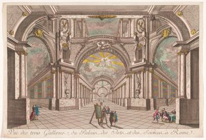 منظر للصالات الثلاث لقصر الفنون والعلوم في روما Vue des trois Galleries، du Palais des Arts et des Sciences à Rome (العنوان على الكائن) بواسطة مجهول