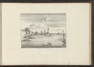 منظر للميناء مع منارة وقصر في نابولي Le Mole و Le Cinosura و le Castell Novo و Naples (العنوان على الكائن) القصور والمعالم الأثرية في البندقية وليفورنو ونابولي وروما (عنوان السلسلة) بواسطة ملكيور كوزيل (الأول) (ربما)