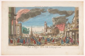 منظر لاستيلاء الفرنسيين على بيرغن أوب زوم ونهبها عام 1747 Pillage de Bergopzom (العنوان على الكائن) بواسطة مجهول