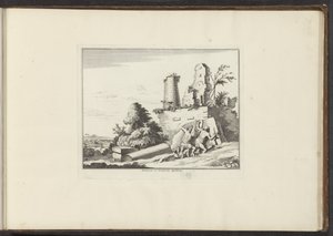 منظر لأطلال مقبرة هوراتي وكوراتي في روما Horatiorum et Curatiorum Sepulchrum (العنوان على الكائن) القصور والمعالم الأثرية في البندقية وليفورنو ونابولي وروما (عنوان السلسلة) بواسطة ملكيور كوزيل (الأول) (ربما)