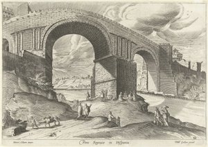 منظر لجسر مدينة سيغوفيا Pons Segouiae في هيسبانيا (العنوان على الكائن) نشرة Ruinarum varii (عنوان السلسلة) بواسطة فيليبس جالي