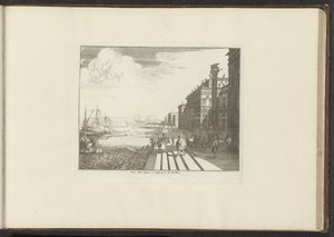 منظر لرصيف ميناء في البندقية مع أسد سان ماركو على عمود Veue dela Dogna à Venise pres de Saint Marc (العنوان على الكائن) القصور والمعالم الأثرية في البندقية وليفورنو ونابولي وروما (عنوان السلسلة) بواسطة ملكيور كوزيل (الأول) (ربما)