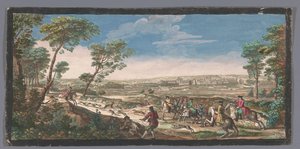 Gezicht op het قصر فونتينبلو منظر عام لـ Fontainebleau مأخوذ من أعلى الجبل المقابل على جانب الرواق (العنوان على الكائن) بواسطة جاك ريغو (ربما)