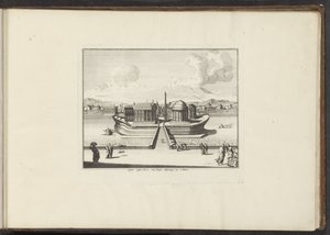 منظر لجزيرة التيبر في روما Insula instar Navis نائب الرئيس Templo Aesculapij. إلخ: روما (العنوان على الكائن) القصور والمعالم الأثرية في البندقية وليفورنو ونابولي وروما (عنوان السلسلة) بواسطة ملكيور كوزيل (الأول) (ربما)