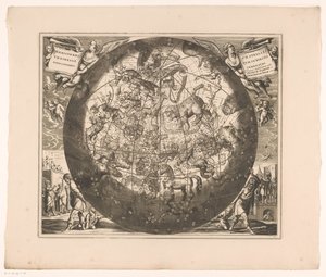 خريطة سماوية مع الأبراج الشمالية Haemisphaerium stellatum boreale cum subiecto haemisphaerio terrestri (العنوان على الكائن) بواسطة جيرارد فالك
