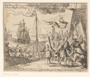 الملك جيمس الثاني يغادر من بريست إلى أيرلندا مع القوات الفرنسية ، 1689 ذهب الملك جيمس من بريست برفقة إيرل دافو القوات الفرنسية والسفن المليئة بالصور والحبال للتعليق / K: يغادر يعقوب من بريست مع دافو إن فران بواسطة يوهانس تانجينا (17e eeuw)