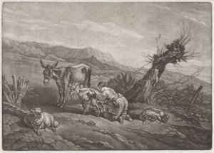 منظر طبيعي مع راعية تحلب ماعزًا بواسطة Nicolaes Pietersz Berchem (ربما)