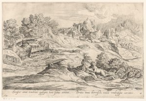 Landschap التقى minnend paar يحب دائمًا الظلام ، كل من يكون مخلصًا لعشيقه ، / Bruta immò يرتجف ، عيناه تفتقران إلى الظلال (العنوان على الكائن) Landschappen naar Domenico Campagnola (عنوان المسلسل) بواسطة تيتيان (ربما)