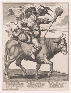 رجل مثقل بالأدوات المنزلية يجلس على الماشية خلال الكرنفال بواسطة Adriaen Pietersz van de Venne