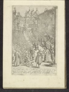 Optocht op het San Marcoplein te Venetië Scènes uit het Venetiaanse leven (عنوان السلسلة) Habiti d'Huomeni and Venetian Women مع موكب Ser.ma Signoria وتفاصيل أخرى ، مثل حفلات الانتصار والاحتفالات العامة لأرقى مدينة في بواسطة جياكومو فرانكو