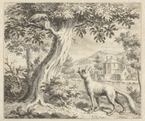 الغراب والثعلب تصميم الرسوم التوضيحية لإصدار من خرافات جان دي لا فونتين (عنوان السلسلة) بواسطة مجهول