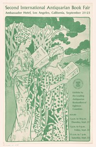 Reclamebiljet voor de Second International Antiquarian Book Fair te لوس أنجلوس المعرض الدولي الثاني للكتاب الأثري (العنوان على القطعة) بواسطة الرابطة الدولية لبائعي الكتب الأثرية