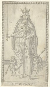 البلاغة بالسيف واثنين من الملائكة الصغار مع الأبواق البلاغة (العنوان على الشيء) Tarocchi (عنوان المسلسل السابق) بواسطة مدرسة فيرارا