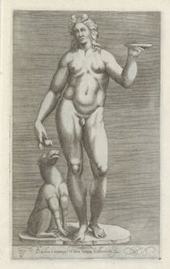 Sculptuur van Bacchus en een hond باخوس والرخام في منطقة قصر فالينس (العنوان على القطعة) المنحوتات العتيقة في روما (عنوان السلسلة) أيقونات التماثيل القديمة لمدينة روما والتي تظهر في الأماكن العامة (عنوان السلسلة) بواسطة مجهول