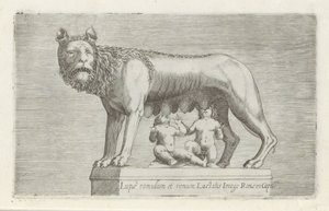 Sculptuur van de Lupa Capitolina die de tweeling Romulus en Remus zoogt رومولوس وريموس يرضعن صورة الذئب لروما في كابيتو (العنوان على الكائن) المنحوتات العتيقة في روما (عنوان السلسلة) من التماثيل القديمة لمدينة روما والتي يمكن رؤيتها في الأماكن العامة جيم بواسطة مجهول