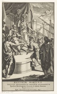 يقدم الجندي الكتاب إلى الملك صفحة العنوان لـ: Matthias Martinius، Lexicon philologicum praecipuae etymologicum، 1697 بواسطة أنتوني سكوتن