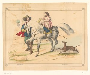 نبيل إسباني يمسك بيد فتاة على حصان Jeune Amazone / De klijne Amazon / Die kleine Amazone / الأمازون الصغير (العنوان على الشيء) بواسطة مجهول