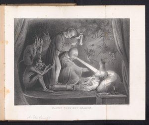 رسم كاريكاتوري في تقويم طالب ليدن ، 1844 ليلة ما قبل الامتحان (العنوان على الشيء) بواسطة جيه إتش جيبهارد وشركاه