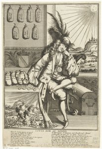 كارتون على لودويجك ويليم فان بادن بادن ، 1705 لويس دور أو سولي (العنوان على الكائن) رويال ألماناش عام 1705 / 't Lusthof van Momus (عنوان السلسلة) بواسطة كاريل ألارد (منسوب إلى)
