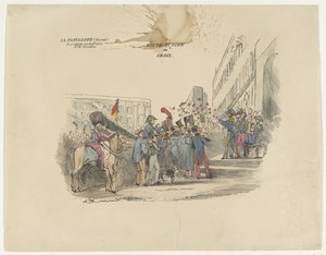 رسم كاريكاتوري عن توزيع صلبان الشرف البلجيكية ، 1834 توزيع دي كروا (العنوان على الكائن) بواسطة مجهول