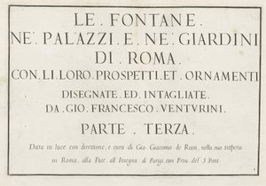طباعة العنوان مع عنوان مؤطر Le Fontane ne Palazzi e ne giardini di Roma (عنوان المسلسل) نوافير في قصور وحدائق روما (عنوان السلسلة) بواسطة جيوفاني جياكومو دي روسي