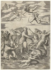 التقى Triomf van Galatea مع tritons في nereïden في putti بواسطة رافائيل