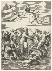 التقى Triomf van Galatea مع tritons في nereïden في putti بواسطة رافائيل