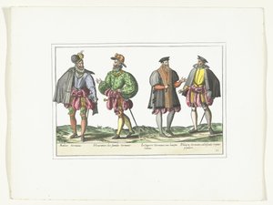 أربعة رجال يرتدون أزياء ألمانية ، ج .1580 أزياء Allemands (العنوان على الكائن) بواسطة مجهول