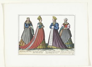 أربع نساء يرتدين الأزياء الألمانية في نورمبرج ، حوالي 1580 أزياء Allemands (العنوان على الكائن) بواسطة مجهول