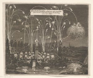 الألعاب النارية في Pleißenburg ، 8 يوليو 1667 Churfürstl: Sachsisches gehaltenes und an gezentes Fewer werck zu nachts بيج قلعة Pleissenburg ، 1667 ، 8 يوليو (العنوان على الكائن) بواسطة مجهول