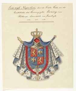 شعار النبالة لـ Lodewijk Napoleon Bonaparte ، ملك هولندا لوديويجك نابليون ، بحمد الله ، ودستور المملكة ، ملك هولندا ، متضمن لفرنسا (العنوان على الشيء) بواسطة مجهول